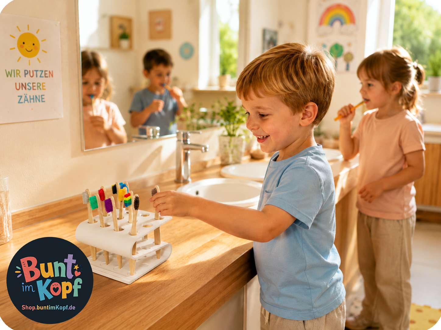 Kinder beim Zähneputzen mit einem buntimKopf Zahnbürstenständer