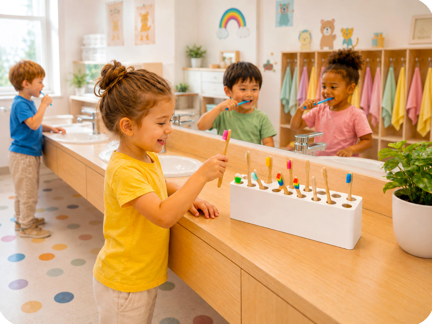 Zahnbürstenständer für bis zu 16 Kinderzahnbürsten für in Kindergärten, Ganztagsschulen und Gruppen.